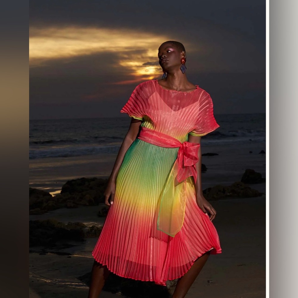 Delfi Collective Lee Midi Vibrant Rainbow Pleated Dress